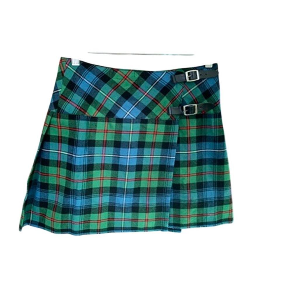 Scotland Shop Wool Plaid Buckle Green Mini Skirt Size Small 28” -30" Waist